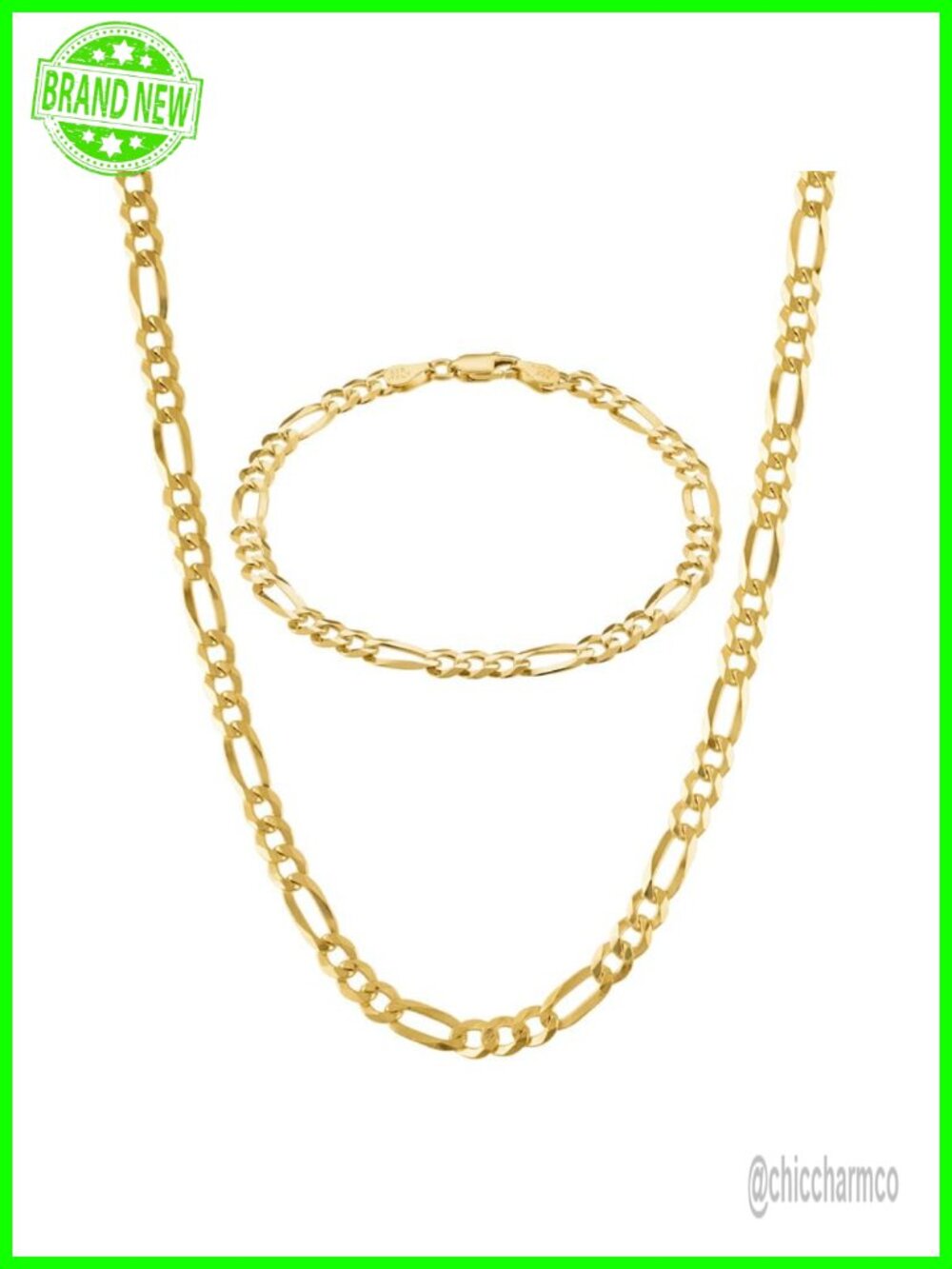 18K Gold Over Sterling Silver Diamond-Cut Figaro Link Necklace Bracelet Set